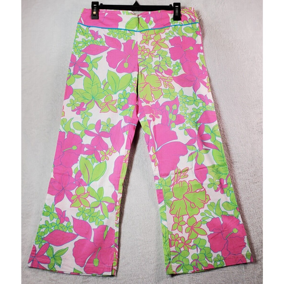 Aziz Pants‎ Juniors Size 7 Pink Green Floral Flat Front Wide Leg Back Zipper - Picture 1 of 7